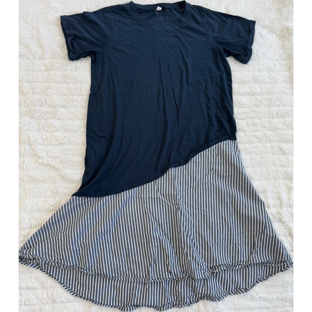 daily PRACTICE Anthropologie Navy White Mixed Media T-Shirt Dress Striped Size L